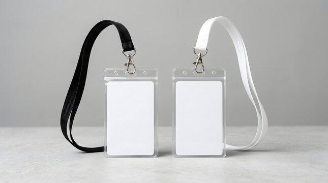 Two blank ID badge holders with black and white lanyards mockup on gray background, for corporate identity design