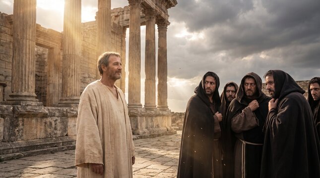 Apostle Paul stands before ancient temple ruins facing a group of suspicious men in dark robes, depicting a New Testament scene from the Book of Acts.