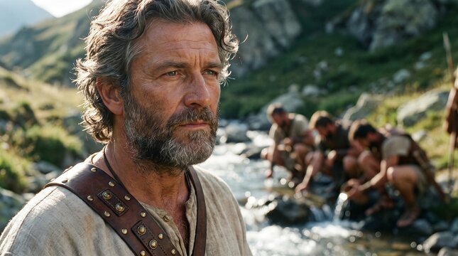 Gideon stands watch as his soldiers squat to drink water from a rocky mountain stream, depicting the Old Testament biblical scene of Gideon choosing his army.