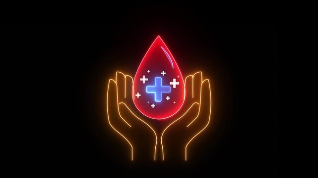 Blood donation concept, blood transfusion. World hemophilia day. World AIDS and hiv day. Animation of drop of blood in hand icon with plus sign isolated on transparent background.