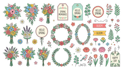Hello spring floral stickers and wreaths © EmayetHossen