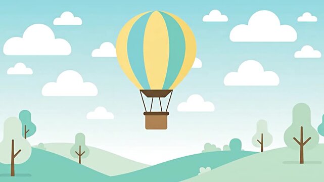 Single Hot Air Balloon Slowly Rising Above a Minimal Countryside Landscape
