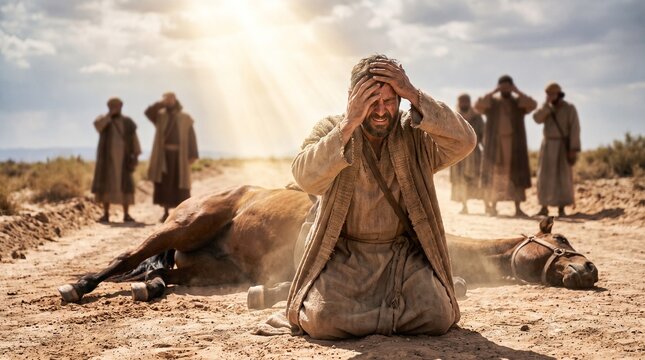 Saul of Tarsus kneels on a dusty road holding his head in blindness next to his fallen horse under bright sunbeams, depicting the biblical scene of Saul's conversion.