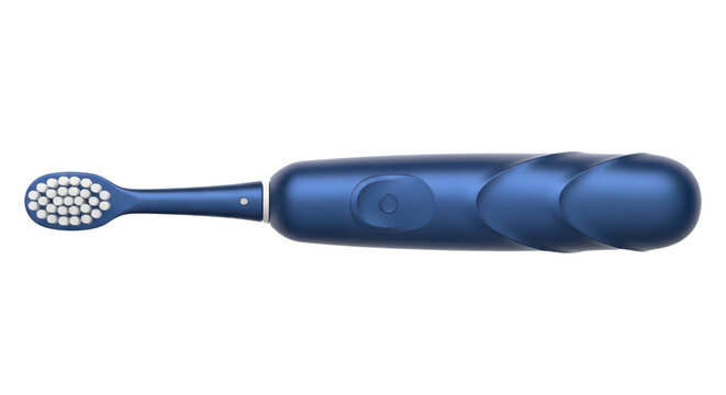 Horizontal view of dark blue electric toothbrush with toothbrush, electric