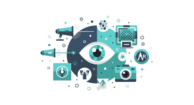 Flat Vector Illustration of Visual Technology and Digital Perception Concept with Eye and AR Icons