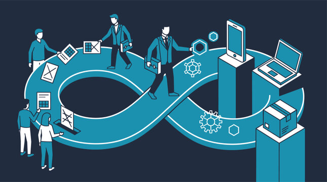 Business team workflow process in futuristic blue infinity loop with various office equipment and technology for corporate branding