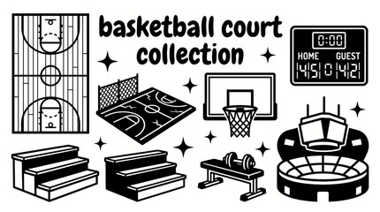 indoor and outdoor basketball courts featuring hardwood floors street courts hoops scoreboards bleachers training facilities and professional sporting venues arranged vector © Ethan