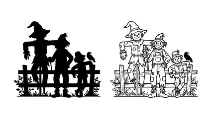 Harvest Friends Silhouette and Line Art: A charming depiction of scarecrows and a bird by a fence, presented in both a striking black silhouette and detailed line art. © Harun