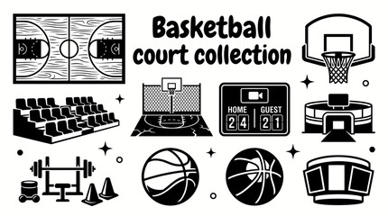 indoor and outdoor basketball courts featuring hardwood floors street courts hoops scoreboards bleachers training facilities and professional sporting venues arranged vector © Ethan