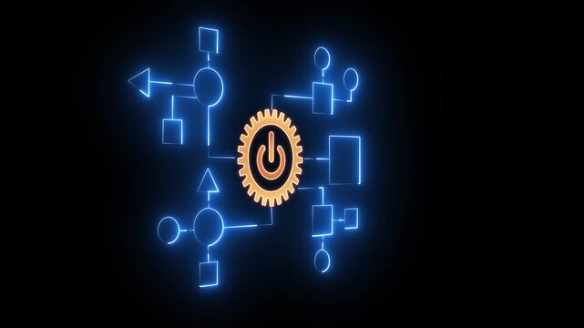 Business process and workflow automation with flowchart. Business and technology concept. Businessman push on power button to shows arranging processing management on virtual screen.