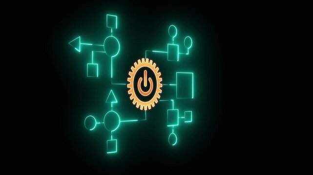 Business process and workflow automation with flowchart. Business and technology concept. Businessman push on power button to shows arranging processing management on virtual screen.