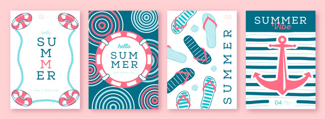 Set of summer striped sea vacation posters or covers. Flat design.  Mediterranean-themed summer vibe backgrounds. Vector illustration © annbozhko