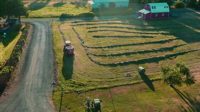 Modern tractor working on crops at a local farm in the British countryside. Agricultural machinery operating across productive farmland, showcasing precision farming, efficient crop management and sus