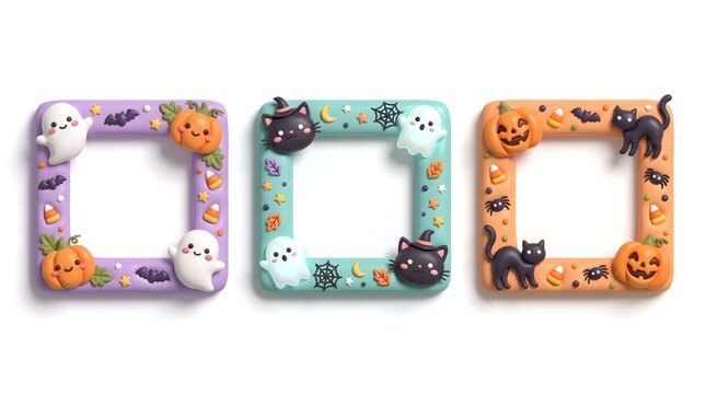 Halloween border set with pumpkin and cat designs. Claymorphism style frames for festive decoration