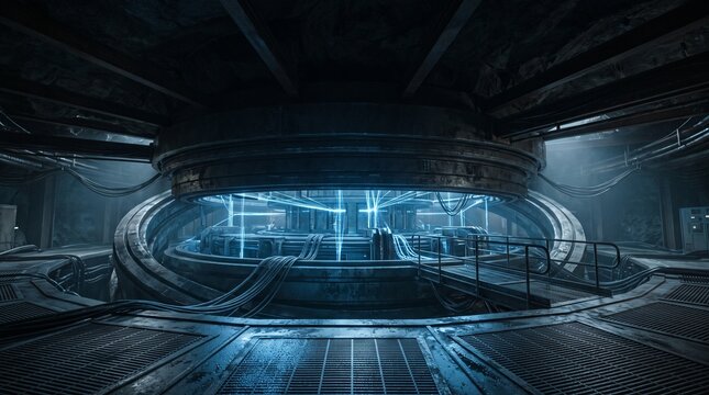 Creative Futuristic laboratory interior, sci-fi scene, neon lit room, industrial architecture, dark ambiance 2k