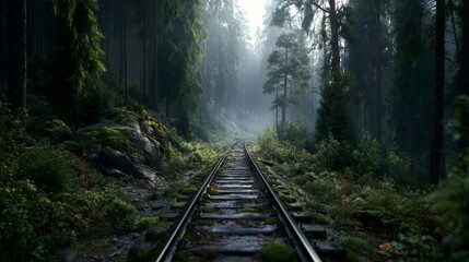 Fototapeta premium Serene Train Tracks Amidst Lush Forest and Misty Atmosphere Creating a Mystical and Peaceful Scene in Nature's Embrace