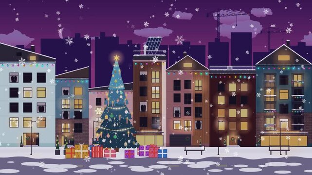 festive Christmas tree illuminates a snowy urban street at night, buildings adorned with colorful holiday lights, loopable magical winter atmosphere