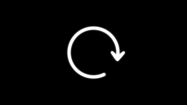 White glowing circular arrow icon on a black background. Half circle arrow loading animation.