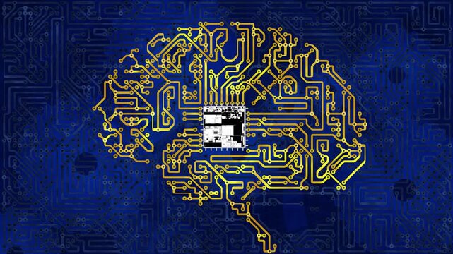 golden circuit board brain with a glitch microchip symbolizes artificial intelligence and innovation on a retro abstract blue background, loopable animation