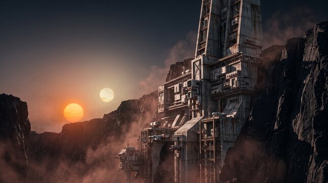 Creative Futuristic sci-fi cityscape, industrial landscape, rocky terrain, sunset 2k