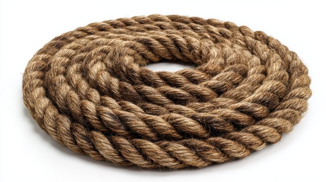 thick coiled rope isolated on white background, nautical rope texture, ultra realistic lighting, high detail photography