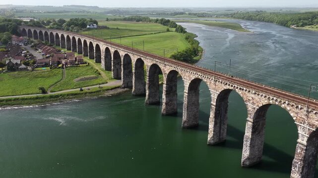 Aerial view of Berwick bridges and River Tweed, Berwick-upon-Tweed, United Kingdom