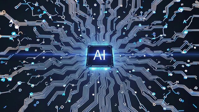 Digital circuit board with glowing microchip at center, displaying AI symbol, surrounded by intricate pathways and luminous data points in a futuristic design