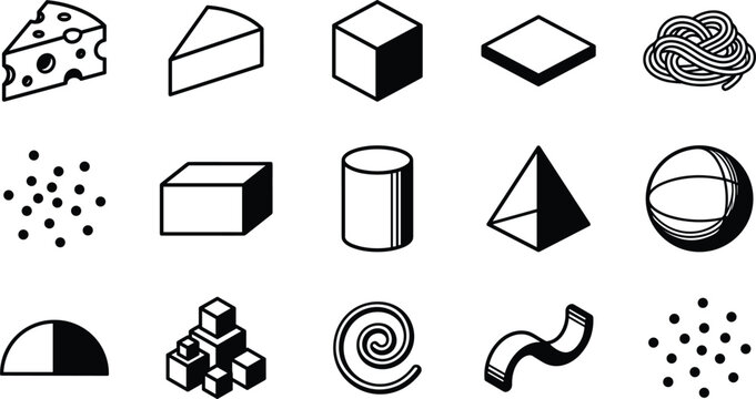 Abstract geometric 3d shapes and food textures vector linear graphic icons set including cubes cylinder cheese and noodles