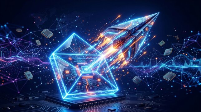 Paper Rocket Launching from Digital Envelope with Artificial Intelligence, Email Marketing and Business Growth Technology Concept