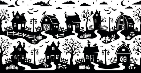 Fototapeta premium Halloween Haunted Village Landscape Silhouette for Spooky Backgrounds