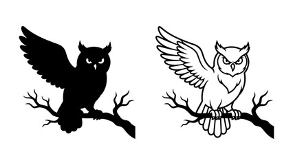 Majestic Owl Silhouette: A striking owl perched on a branch, presented in both solid silhouette and line art, showcasing its nocturnal wisdom and fierce beauty. © Raima