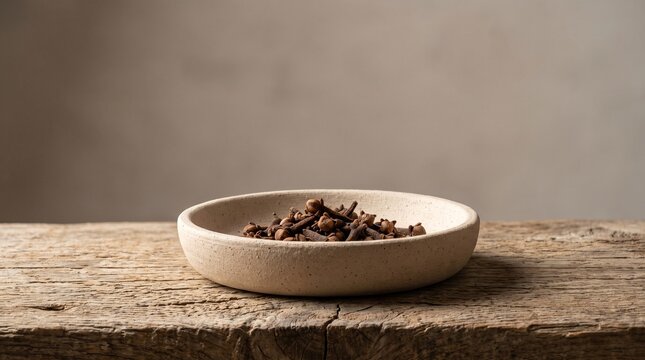 Creative Rustic wooden table, beige ceramic plate, whole spices, natural textures, earthy tones 2k