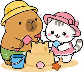 Fototapeta premium Cute Capybara and Cat Building Sandcastle on Beach Summer Vector
