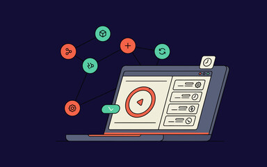 Naklejka premium Laptop displaying a video content management interface with a connected network of functional system icons