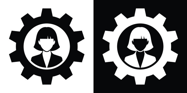 Minimalist businesswoman profile icon inside a mechanical cogwheel. Corporate management, human resources and female workforce development icon.