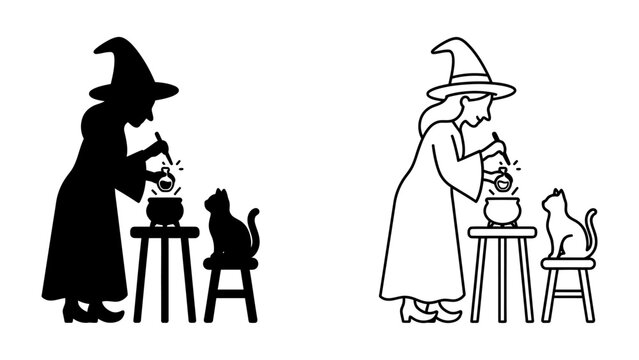 Halloween Witch and Cat Brewing Potion: Two minimalist illustrations depict a witch in a pointed hat stirring a bubbling cauldron next to a black cat perched on a stool.
