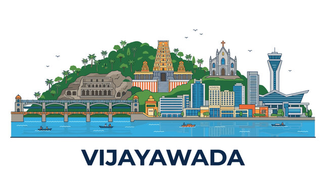 Vijayawada skyline with Kanaka Durga Temple, cityscape, river, bridge