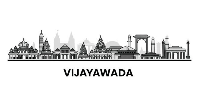 Vijayawada skyline, India, modern city silhouette, architectural landmarks, vector art