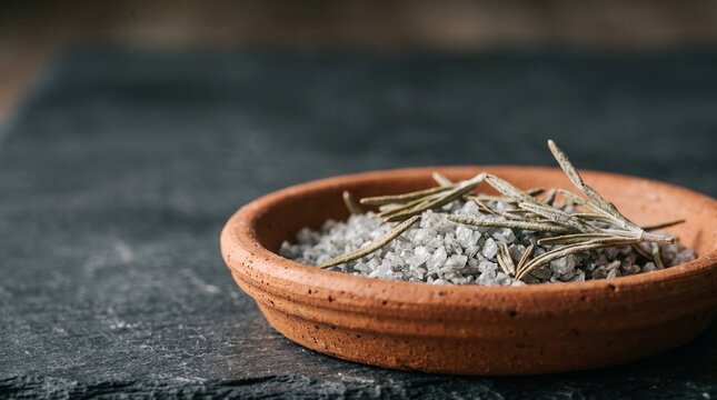 Creative Terracotta bowl with coarse salt and rosemary, gourmet cooking ingredients, culinary herbs, natural textures 2k