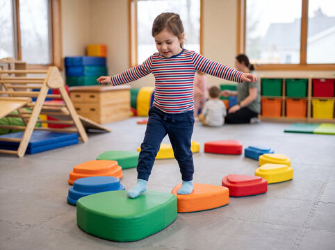 A preschool child is balancing on soft foam stepping stones during playtime in an indoor learning center. Other kids are playing nearby while adults supervise the activity