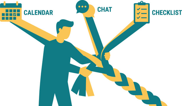 Businessman juggling tasks in colorful minimalist illustration for productivity and time management