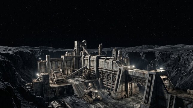Creative Industrial mining facility, large metal structure, nighttime scene, rocky terrain, industrial landscape 2k