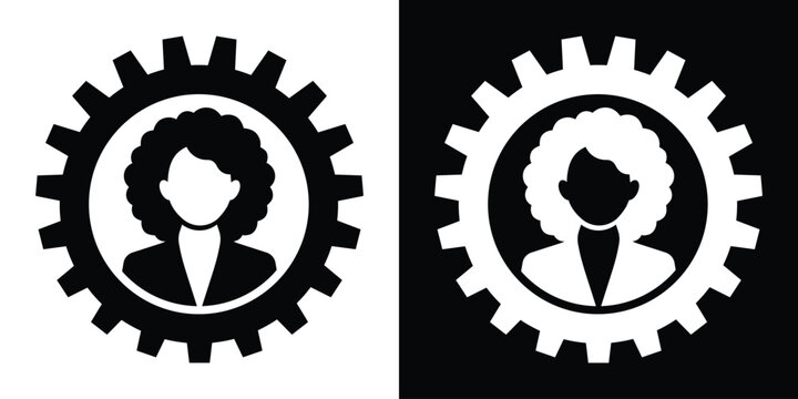 Minimalist businesswoman profile icon inside a mechanical cogwheel. Corporate management, human resources and female workforce development icon.