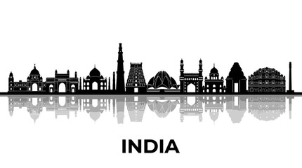 Obraz premium India Skyline Silhouette Vector with Famous Landmarks and Reflection - White Background
