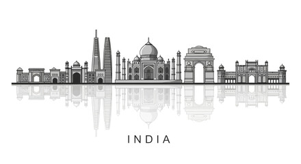Obraz premium Iconic Indian City Skyline Silhouette - Taj Mahal, Arch, Modern Buildings