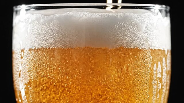 Close-up of golden beer being poured into a glass, creating frothy foam. Refreshing drink.