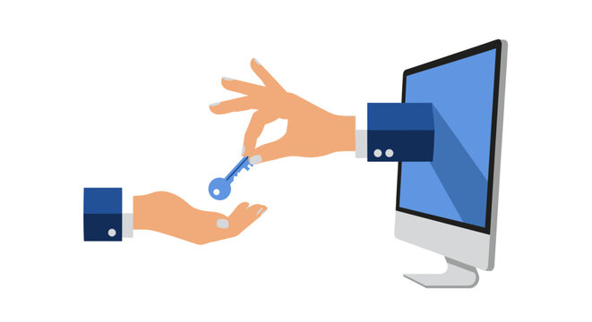 Conceptual Illustration of Hand from Computer Screen Giving Key to Another Hand, Representing Digital Access, Online Security, and Virtual Software Key Delivery