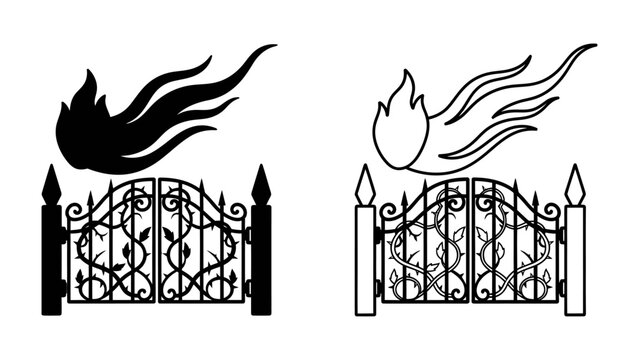 Gates of Hell Iconography: A symbolic representation of the gates of hell, featuring ornate wrought-iron gates entwined with thorny vines, under the fiery descent of a comet or meteor.