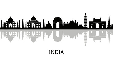 Naklejka premium India Skyline Silhouette - Famous Landmarks with Reflection
