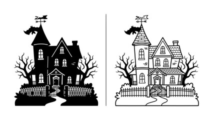 Haunted House Duo: A spooky haunted house, depicted in both silhouette and outline, stands ominously with bare trees and a weathered fence, evoking a sense of mystery and Halloween spirit. © Harun